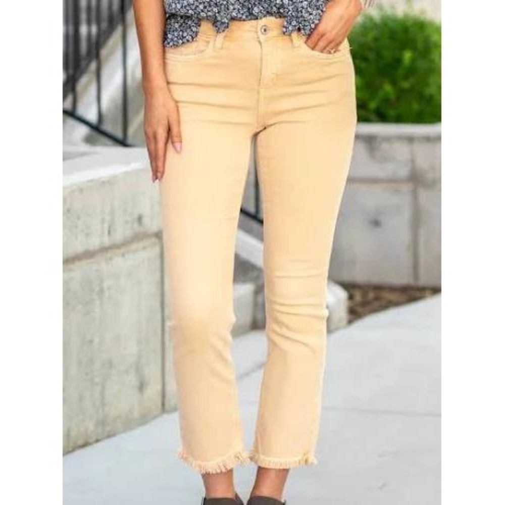Vervet By Flying Monkey Women's 27 Tan Jeans Fringed Hem High Rise Straight Leg